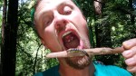 Tawn tries a forest delicacy of centipede on a stick